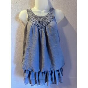 Poetry Dusty Grey  Boho Tank Top Size M Crochet Lace Ruffle Hem Sleeveless